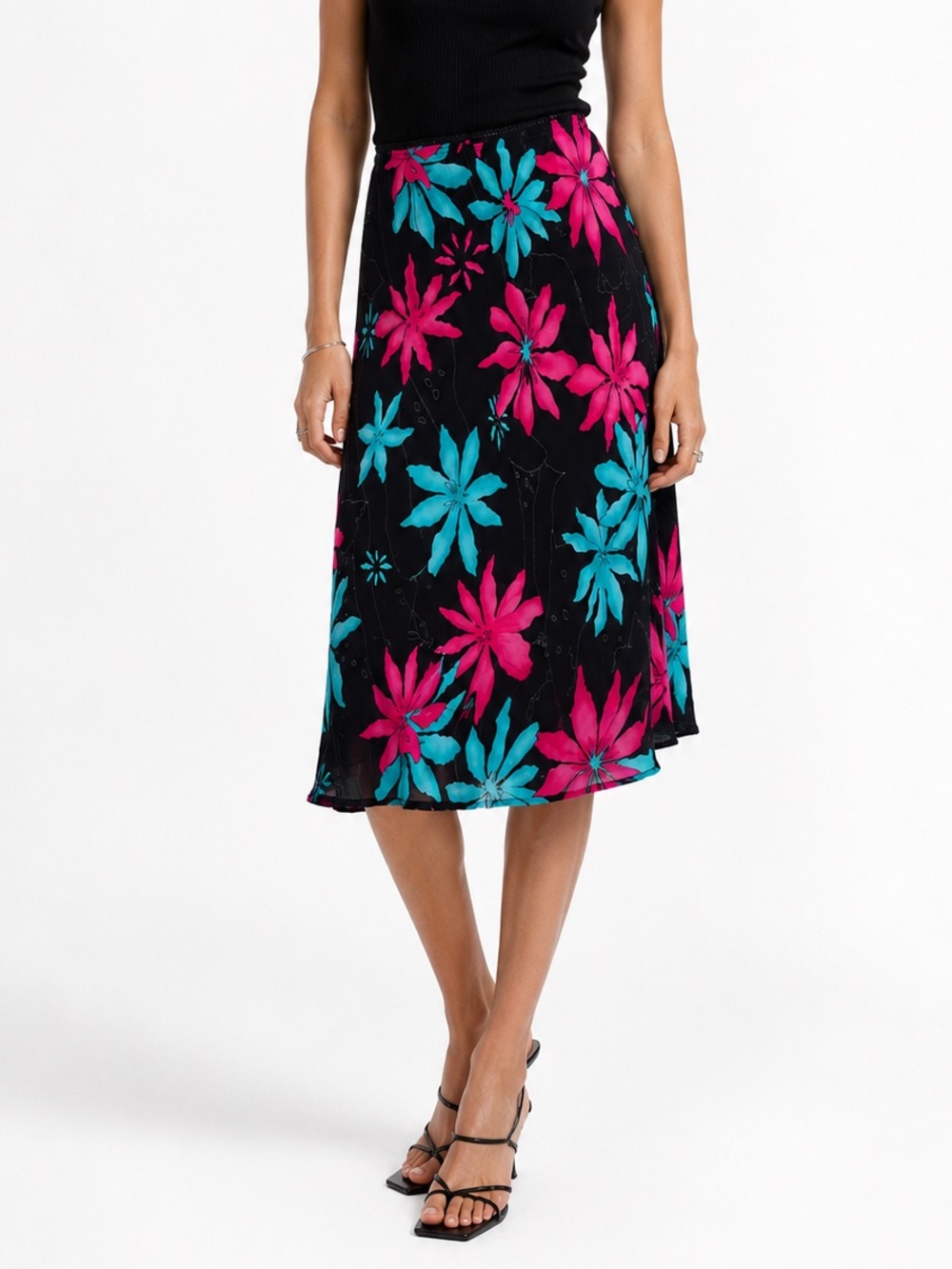 Beechers Brook Vintage 90’s Floral A-Line Skirt sz 8-10 M-L Black Pink Blue